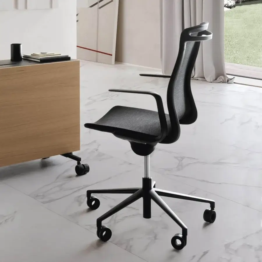 Exclusive Presotto Aria armchair with textured rice grain mesh upholstery and matte die-cast aluminum base