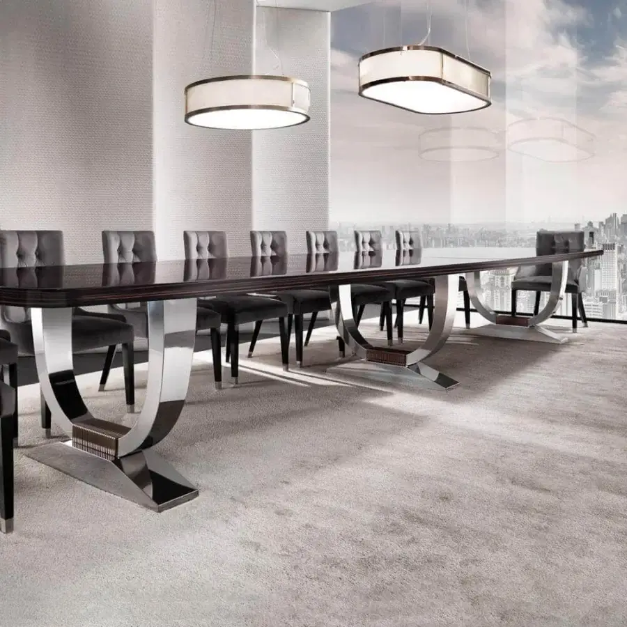 Superior DV Home Collection Hermes Suite conference table with glossy Cacao walnut top and polished curved stainless steel base