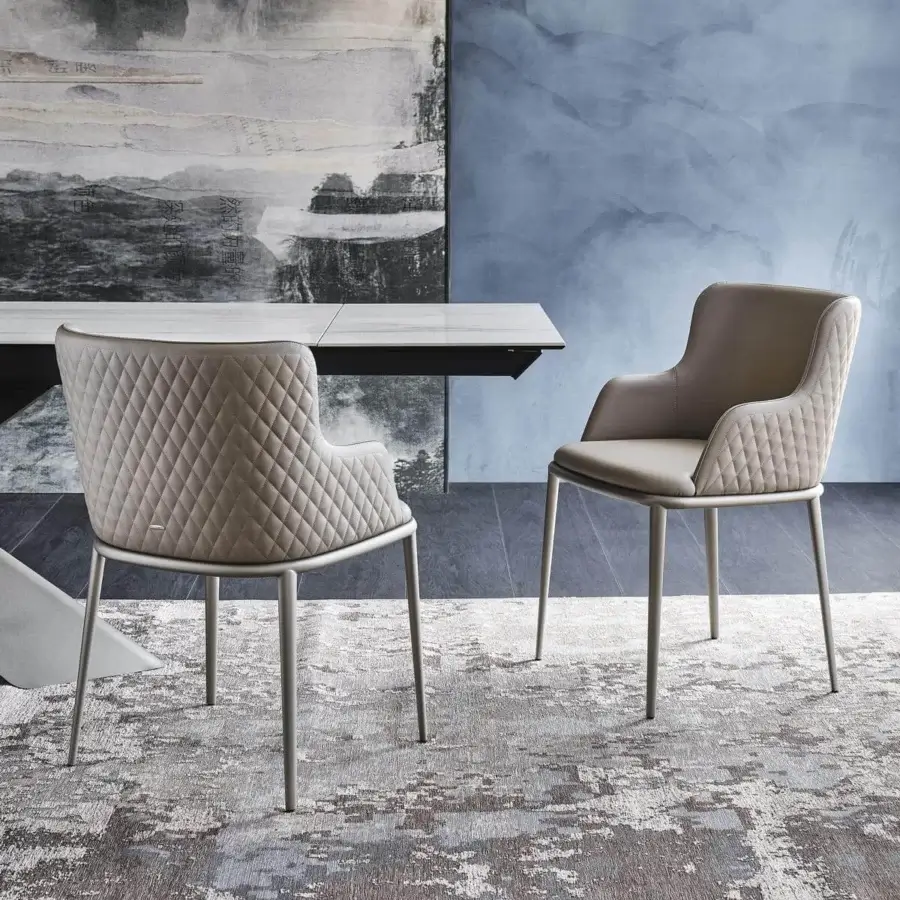 Distinguished Cattelan Italia Magda ML Couture chair with diamond-quilted backrest and wide seat in neutral beige textile with light-toned metal legs