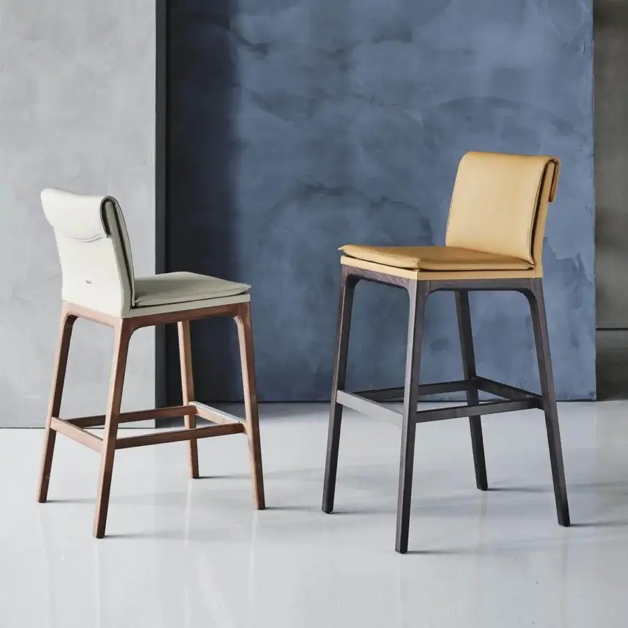 Superior Cattelan Italia Sofia stool with canaletto walnut and soft golden-yellow textile upholstery in satin finish