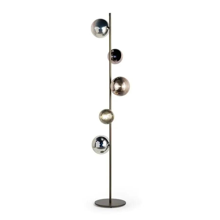 Elegant Reflex Bulles XL floor lamp with a bronze metal structure and cascading borosilicate glass spheres with a shaded sputtering finish