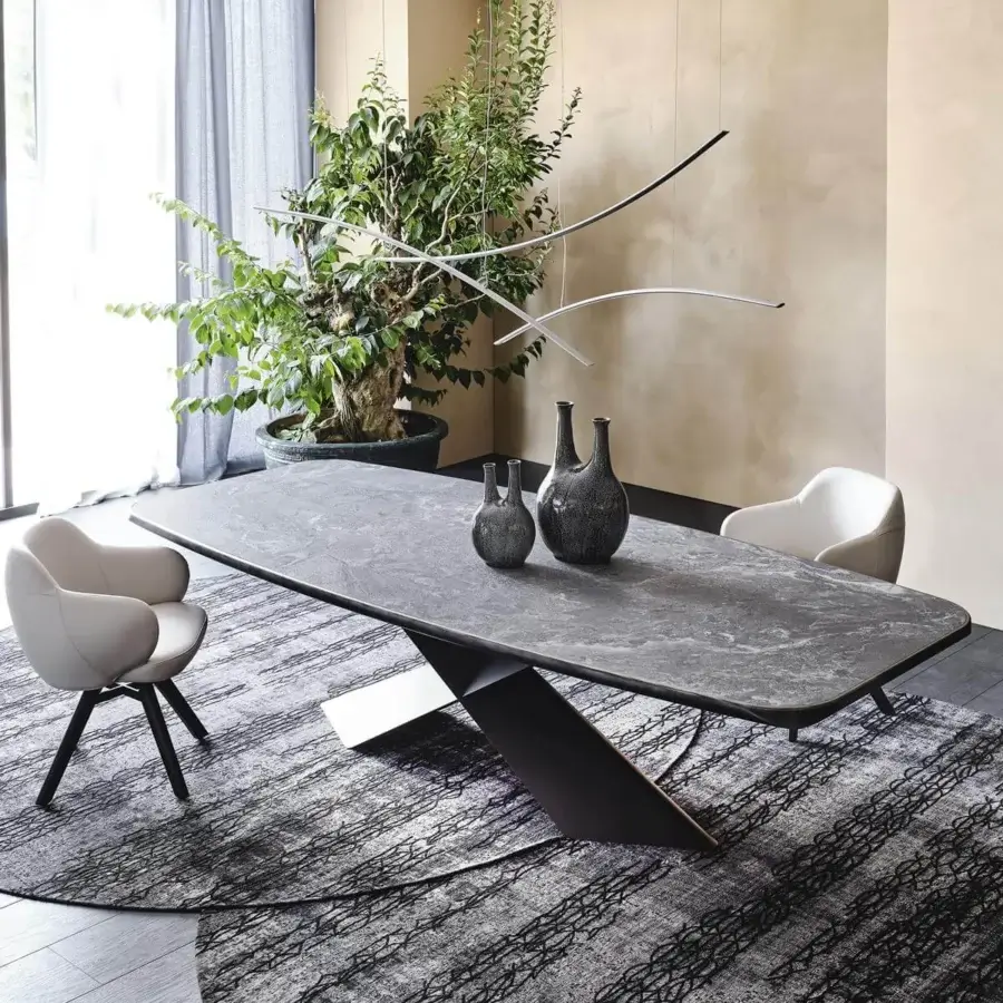 Superior Cattelan Italia Tyron table with dark gray marbled ceramic tabletop in glossy Sahara Noir finish and black embossed lacquered steel base