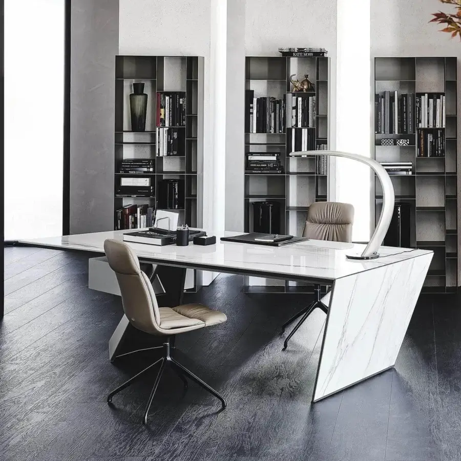 Superior Cattelan Italia Nasdaq desk with marmi ceramic top exhibiting grey veining and matte grey embossed lacquered steel support
