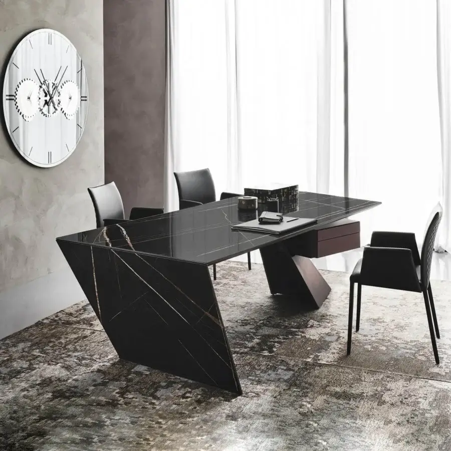 Distinguished Cattelan Italia Nasdaq desk with marmi ceramic tabletop exhibiting gold veining and glossy black lacquered steel support