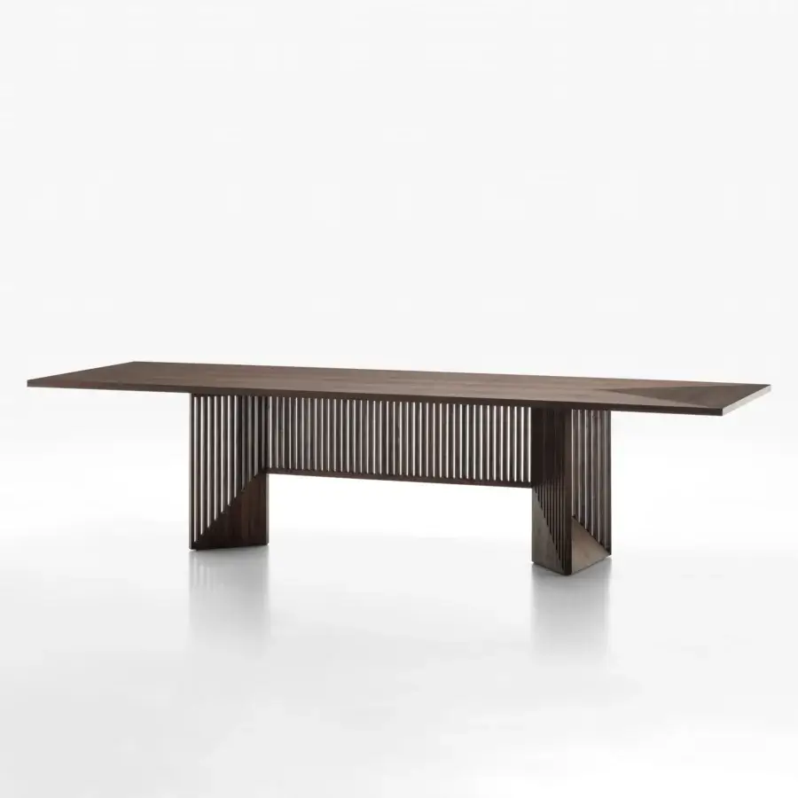 Exceptional Acerbis Maestro table crafted with dark stained walnut veneer and a distinctive slatted solid walnut base