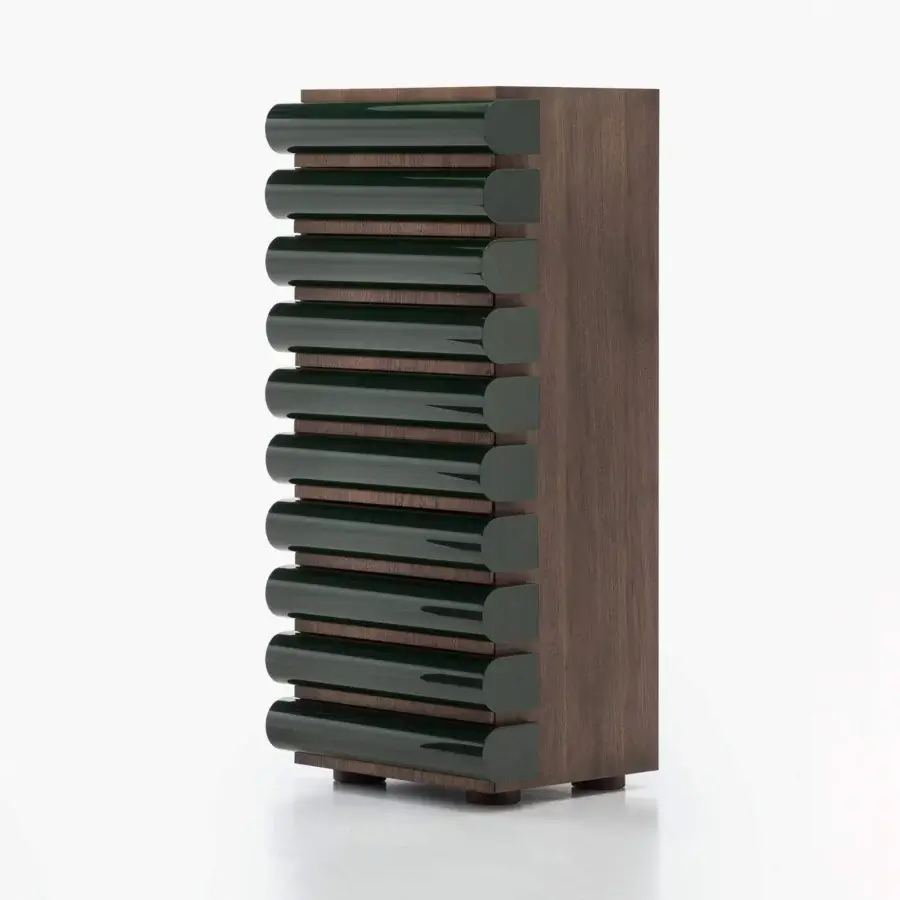 Distinguished Acerbis Storet dresser crafted from medium density wood fibre with dark green lacquered drawer mouldings and dark stained walnut finish