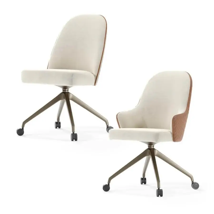 Distinguished Reflex Ludwig chair with light cream textile upholstery, wood trim accents and a metallic four-spoke base with wheels