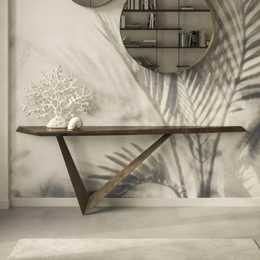 Exceptional Cattelan Italia Varenne console with dark brown wood showcasing visible grain and asymmetrical triangular leg