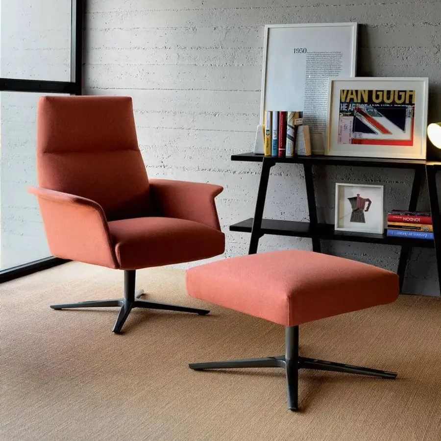 Exclusive Verzelloni Nilson lounge chair and ottoman with textured textile upholstery in muted salmon hues and aluminum base