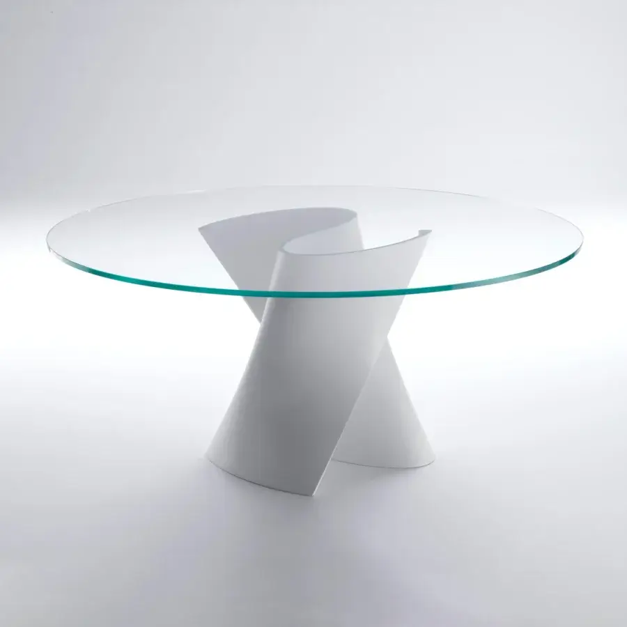 Elegant MDF Italia S table with sculpted matte white Cristalplant® base and transparent glass tabletop