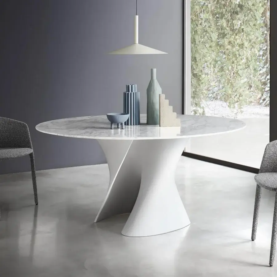 Captivating MDF Italia S table with sculpted Cristalplant® base and Namibia marble top in matte white finish