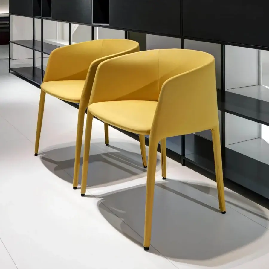 Exceptional MDF Italia Achille armchair with consistent yellow textile upholstery and metal tubing frame featuring a matte finish