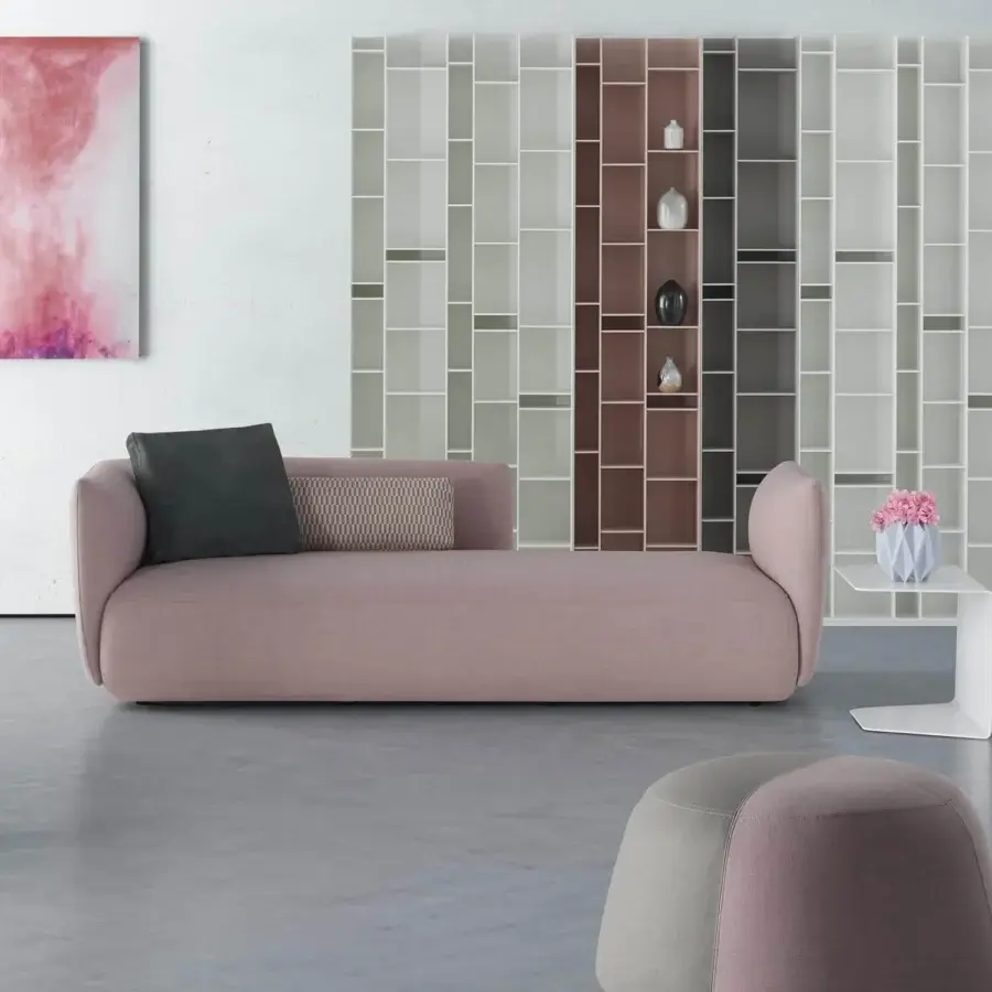 Elegant MDF Italia Cosy sofa with light pink textile upholstery and smooth matte finish crafted with a solid wood frame
