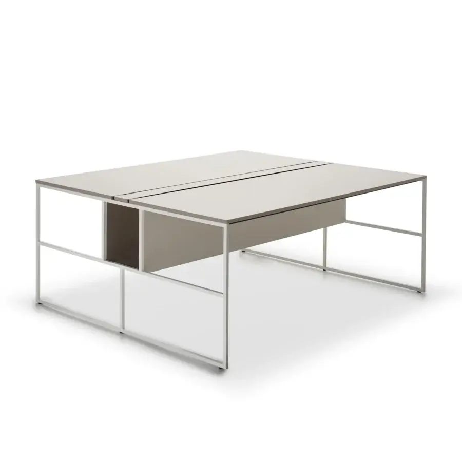 Exceptional MDF Italia 20.Venti workstation with light gray steel frame and refined beige Fenix NTM laminate top built with integrated cable management