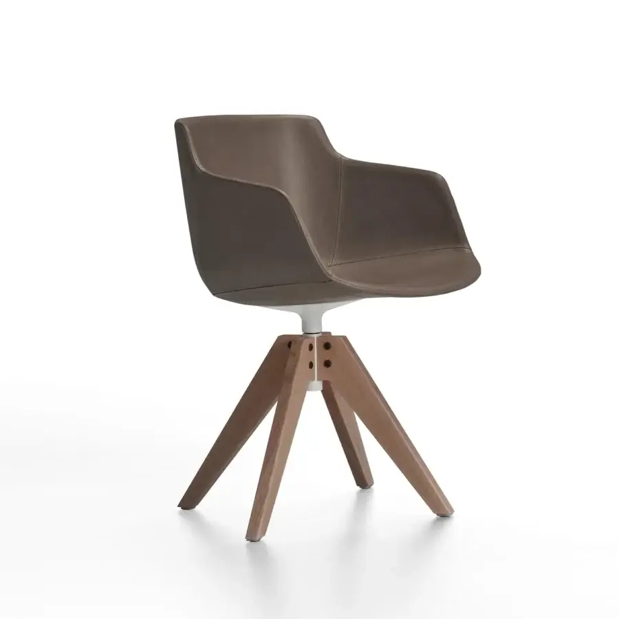 Distinguished MDF Italia Flow chair built in medium brown Nuvola leather with natural oak and matte white lacquered aluminum