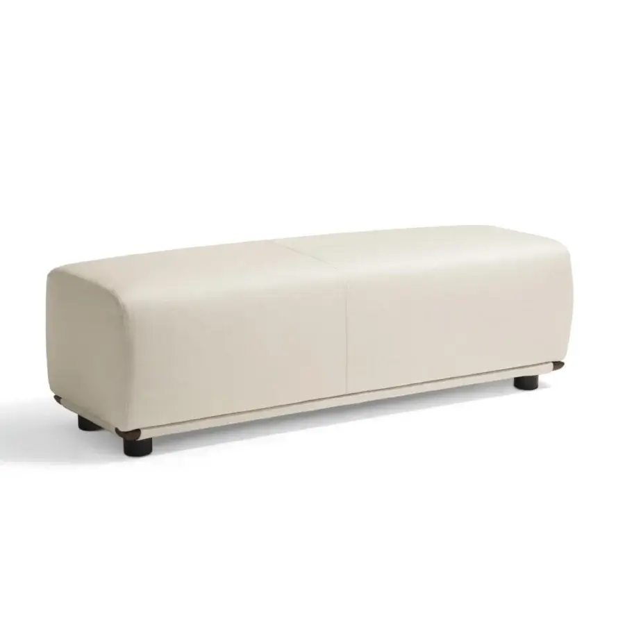 Exclusive Giorgetti Adam bench with light cream textile upholstery and solid beech feet in matt polyurethane polishing