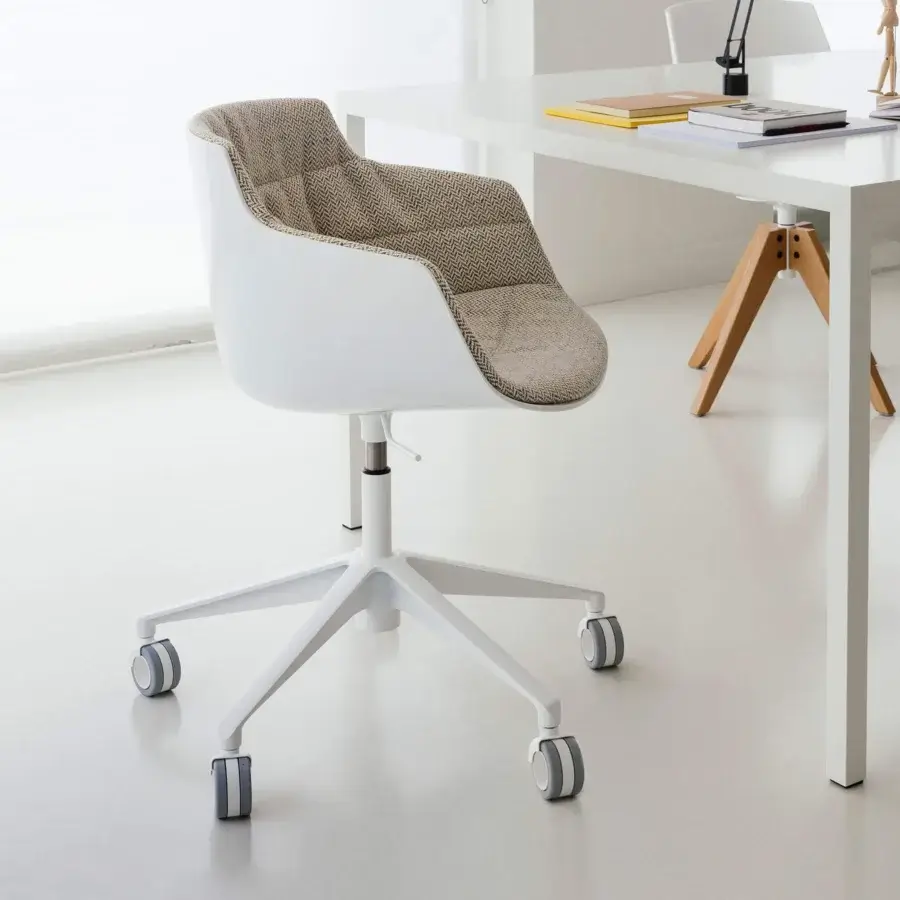 Distinguished MDF Italia Flow armchair with gloss white polycarbonate shell and neutral herringbone fabric upholstery