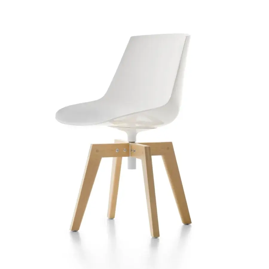 Superior MDF Italia Flow Iroko chair with rounded white polycarbonate shell and light-toned Iroko swivel base crafted with specialized varnish