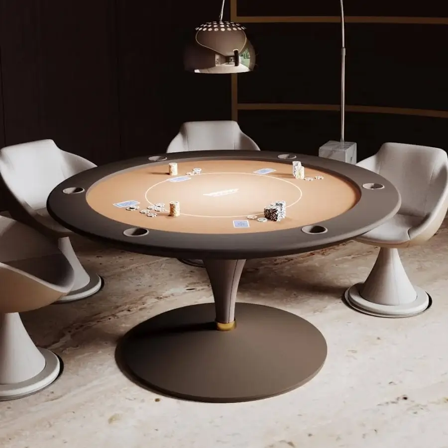 Superior Vismara Asso Poker table with tan printed microfiber playing surface and soft touch lacquered deep brown edge built with cup holders