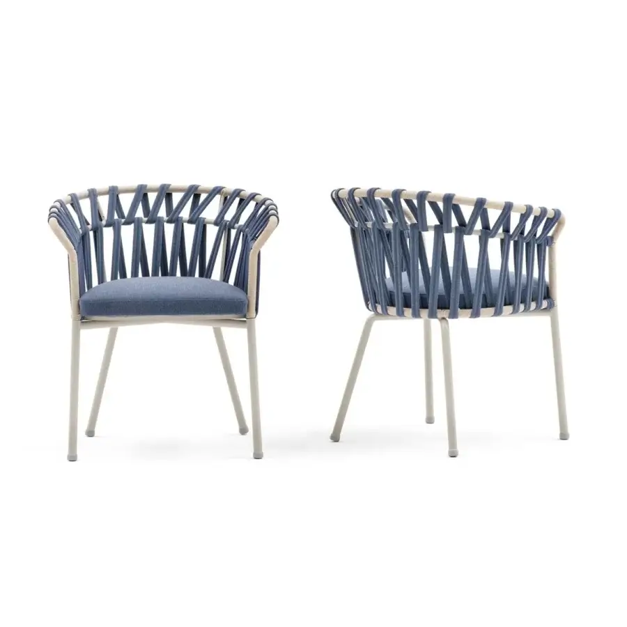 Exceptional Varaschin Emma Cross armchair with interwoven light tan and blue acrylic fabric and rope construction
