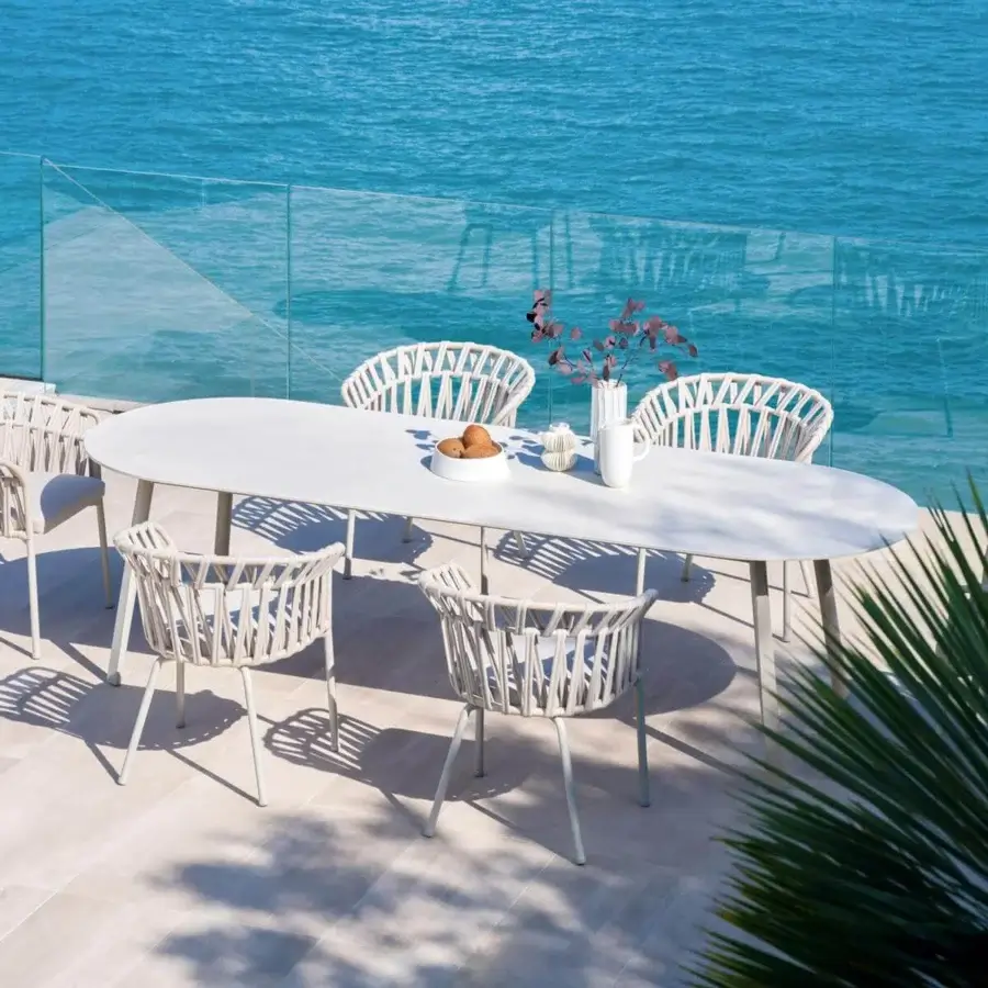 Superior Varaschin Emma table with a light grey HPL top and powder-coated aluminum frame crafted in Italy