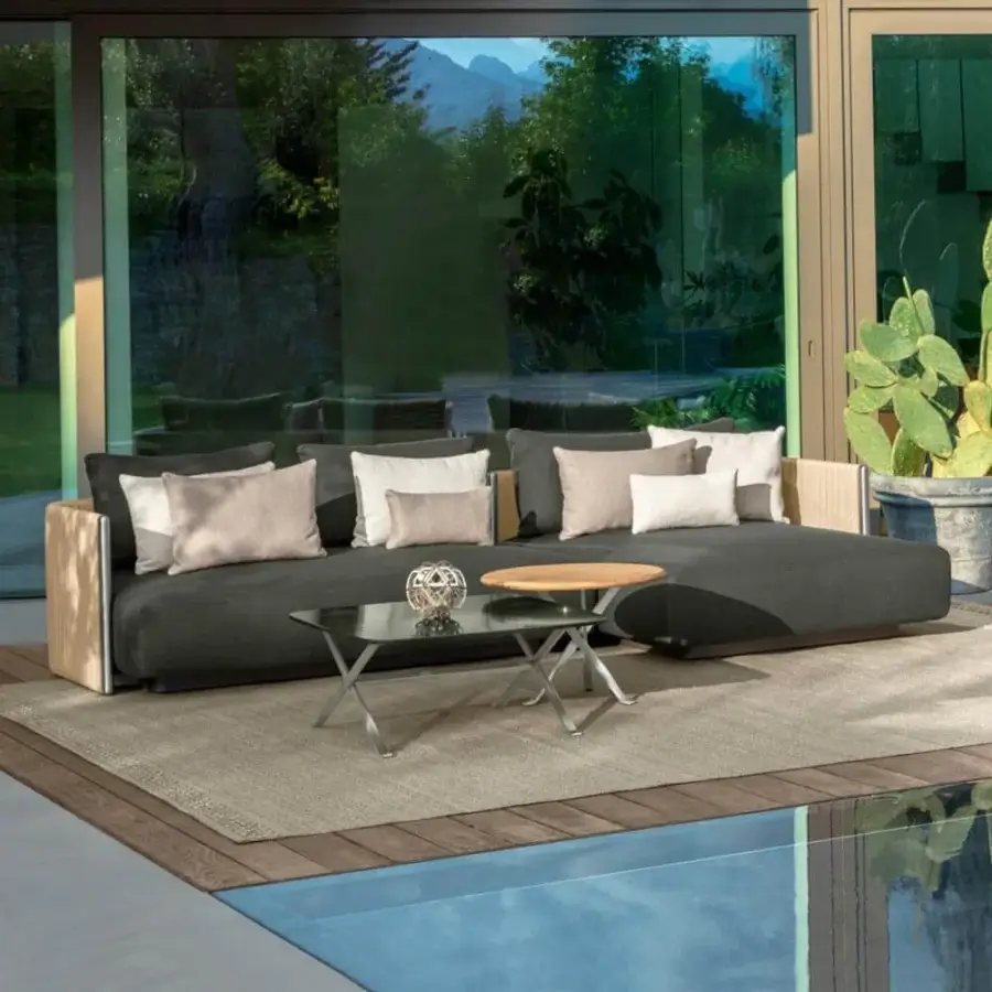 Exceptional Talenti George sectional with neutral cushions and a dark gray textile-covered base built with stainless steel uprights and synthetic ropes