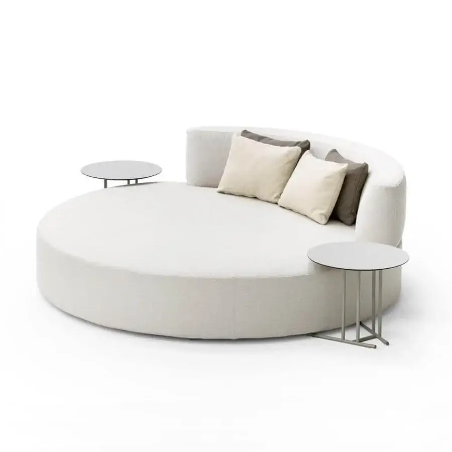 Exceptional Varaschin Belt daybed with textured off-white textile and light beige cushions built with okumè wood