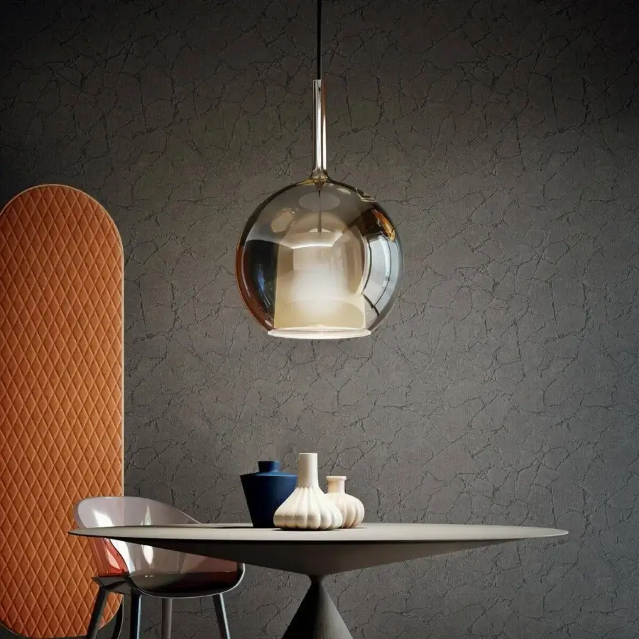 Elegant Penta Glo Maxi suspension lamp with mirrored glass and smoky grey gradient, built with titanium varnished metal canopy and black cable
