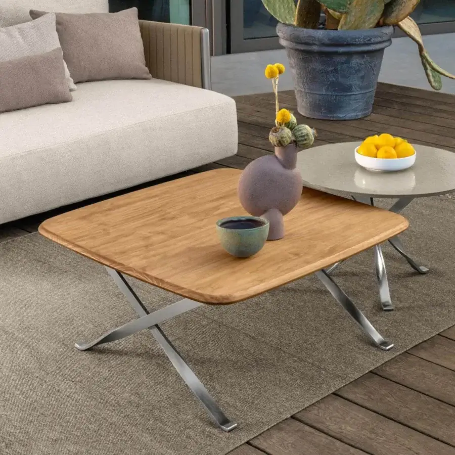Superior Talenti George coffee table crafted with accoya wood and a matte stainless steel cross frame