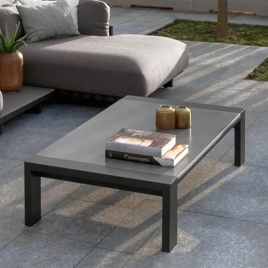 Distinguished Talenti Argo Alu coffee table with dark gray aluminum frame and smooth gray stoneware top