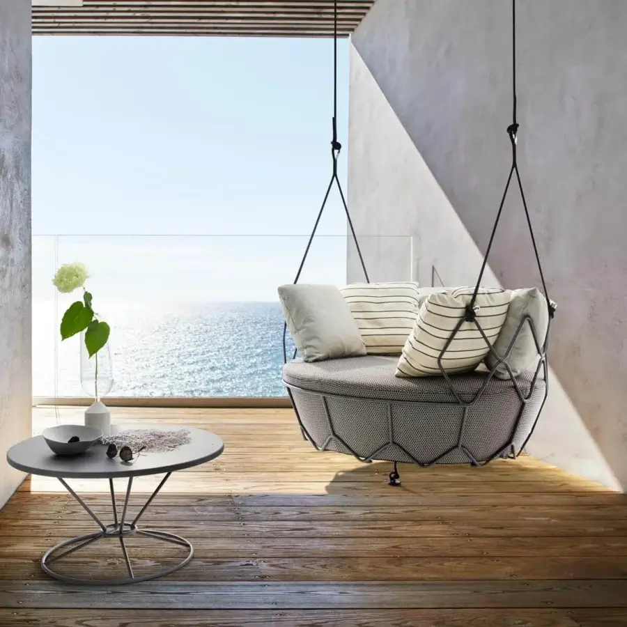Exceptional Roberti Rattan Gravity swing lounge chair with gray and white cushions, crafted in 304 steel with a matte finish and refined Nautic rope