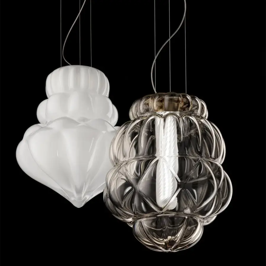 Exceptional Barovier&Toso Vallonné suspension lamp crafted in opaline Venetian crystal with a tiered silhouette and precise linear incisions