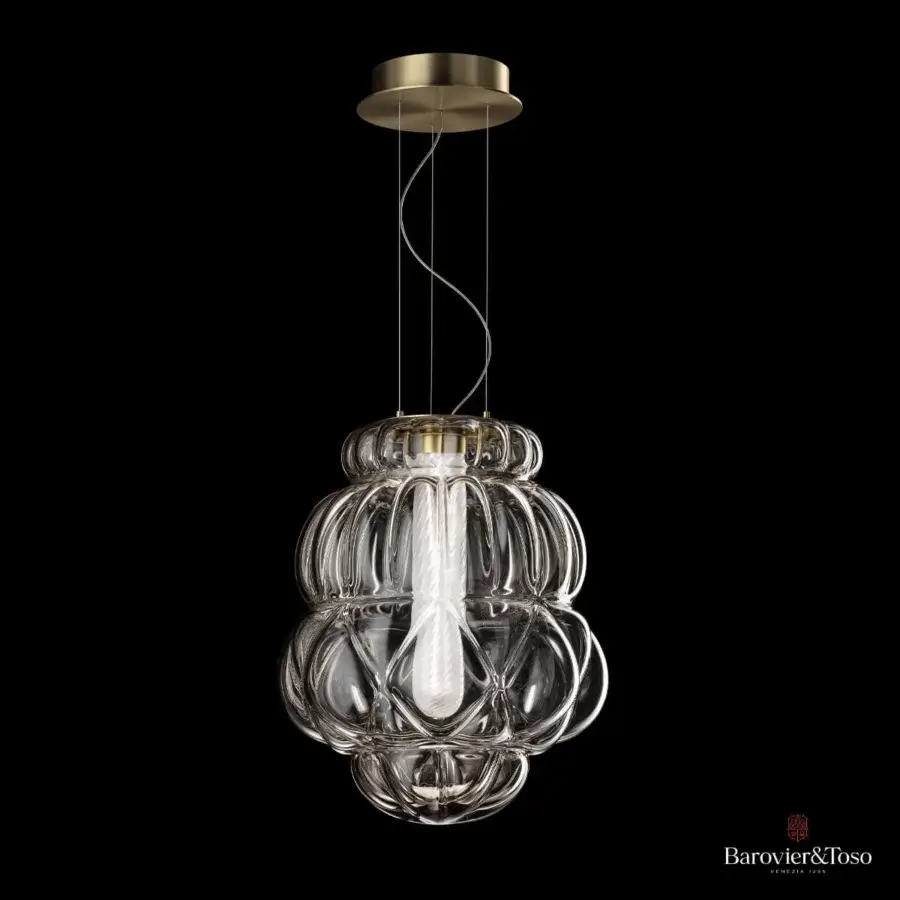 Exceptional Barovier&Toso Vallonné suspension lamp in transparent Venetian crystal with gold-toned matte canopy crafted in Italy