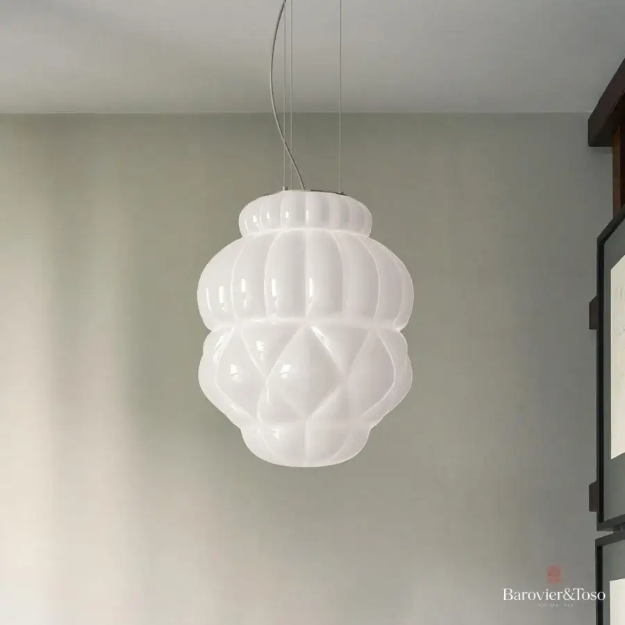 Elegant Barovier&Toso Vallonné suspension lamp in opaline Venetian crystal with a diffused, translucent finish