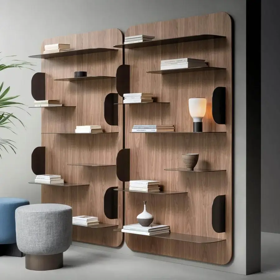 Distinctive Bonaldo Blabla bookcase with walnut veneered panels and dark metal shelves exhibiting rounded edges and vertical cutouts