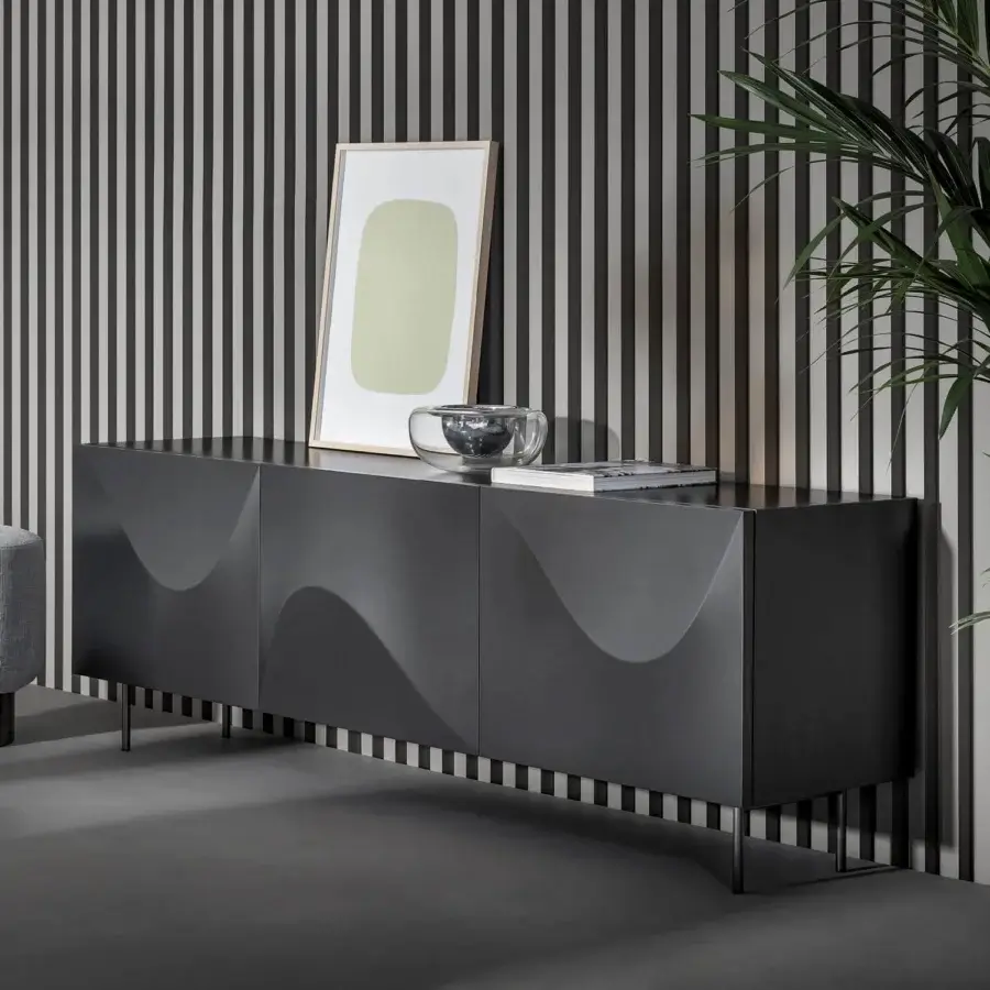 Distinctive Bonaldo Vertigo sideboard with curved doors in lead lacquered wood and polyurethane, built with a lead metal base