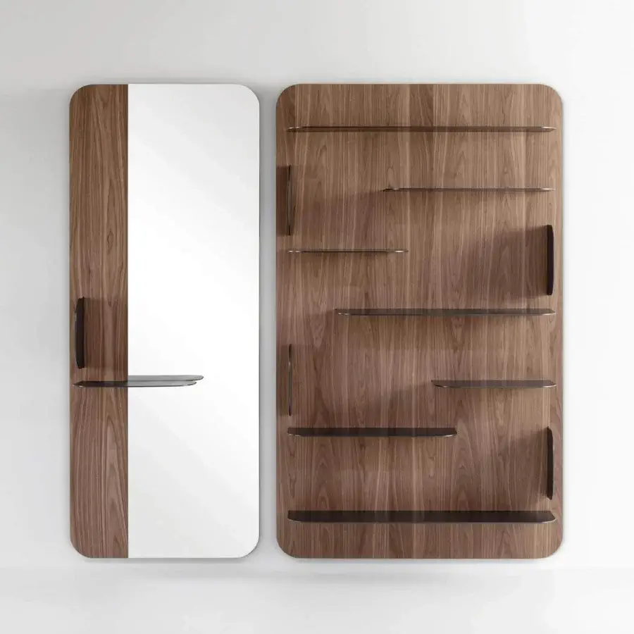 Sophisticated Bonaldo Blabla mirror with veneered Canaletto walnut panel and rounded metal shelf in smooth medium-brown finish