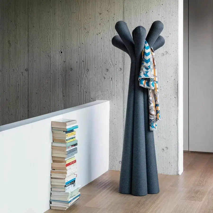 Sophisticated Bonaldo Anemone coat stand with tree-like form in muted blue-gray fabric and textured matte finish