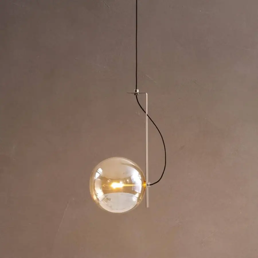 Distinguished Bonaldo Bon Ton suspension lamp with amber glass lampshade and brushed nickel metal support crafted in Italy
