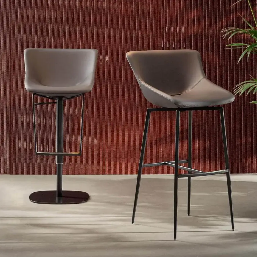 Exclusive Bonaldo Artika stool with synthetic upholstery and dark metal four-legged base in muted gray-brown tones with matte finish