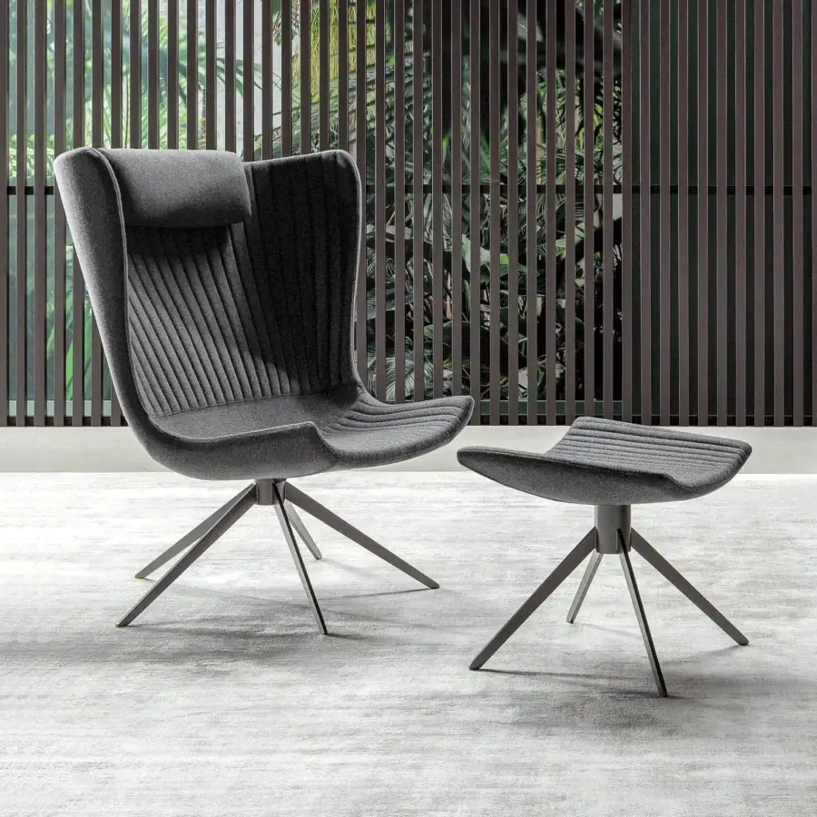 Exceptional Bonaldo Colibrì lounge chair with textured gray fabric upholstery and slender matt painted metal base