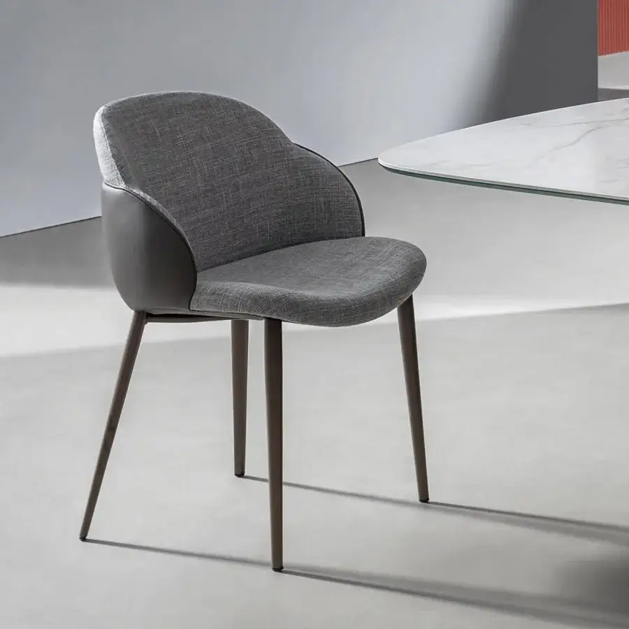 Distinguished Bonaldo My Way chair with curved silhouette, textured gray textile and smooth dark synthetic material upholstery, built with slender metal legs