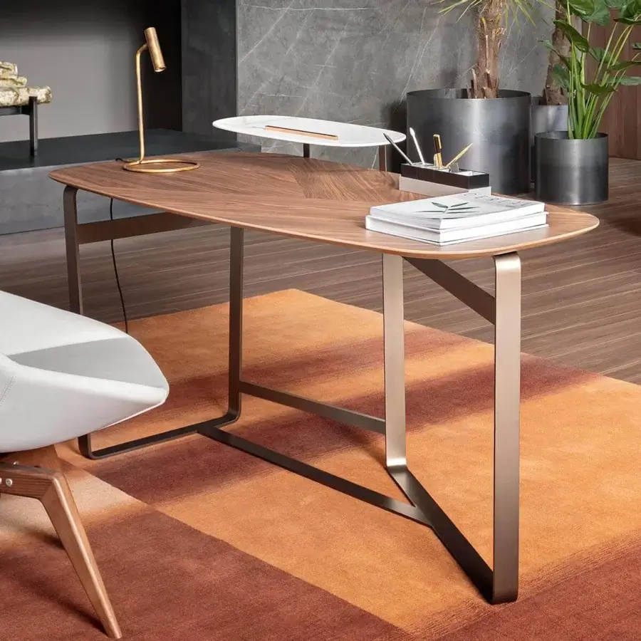 Exclusive Bonaldo Gauss desk with curved wood tabletop and dynamic asymmetrical bronze tone metal base