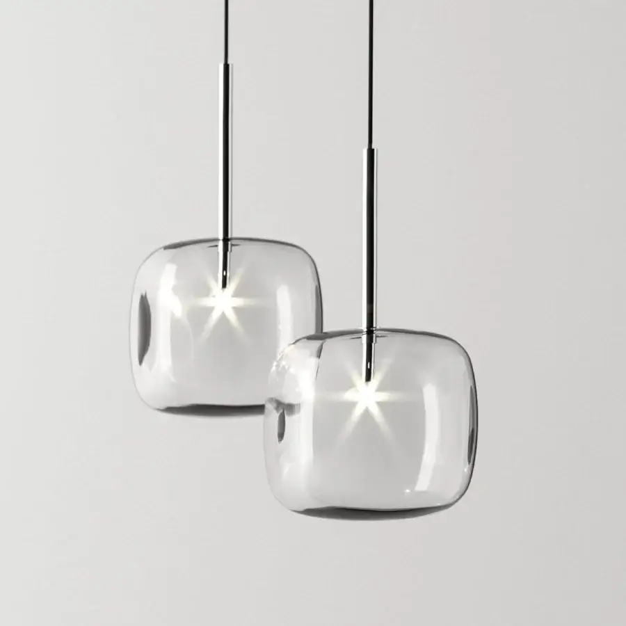 Superior Tonelli Design Hyperion suspension lamp with transparent blown Pyrex glass and sleek silver chrome metallic structure