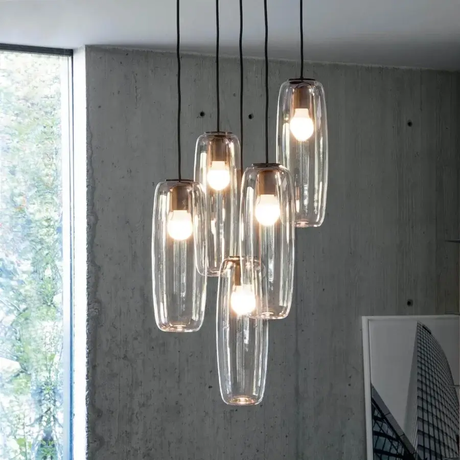 Captivating Bonaldo Bio-S suspension lamp with a black metallic frame and five transparent blown glass lampshades