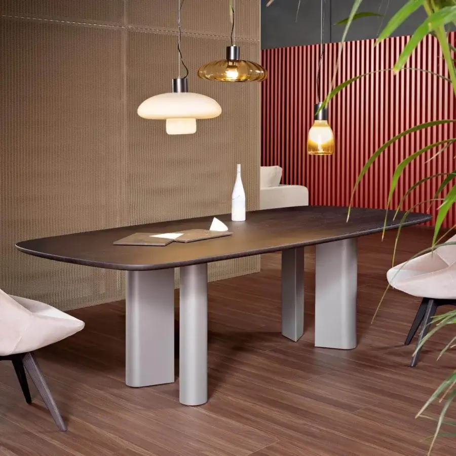 Superior Bonaldo Geometric table with wood base and shaped top in dark gray or brown with matte finish