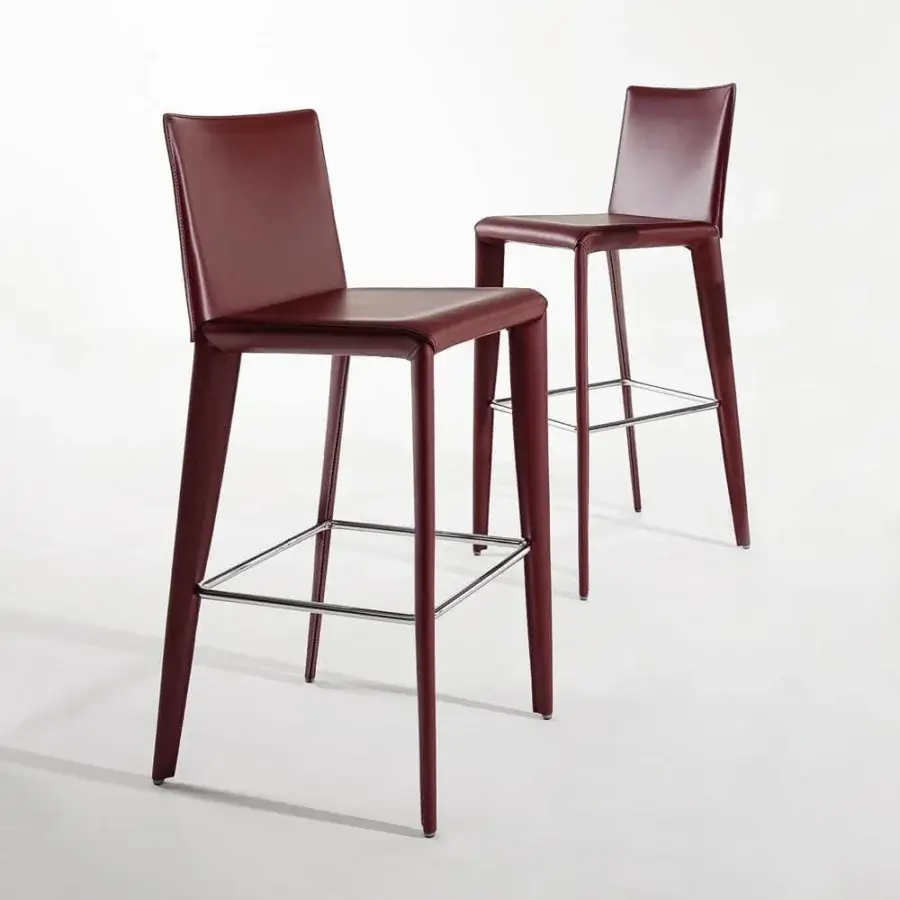 Exclusive Bonaldo Filly Too stool in deep red leather with a sleek geometric form and metal legs