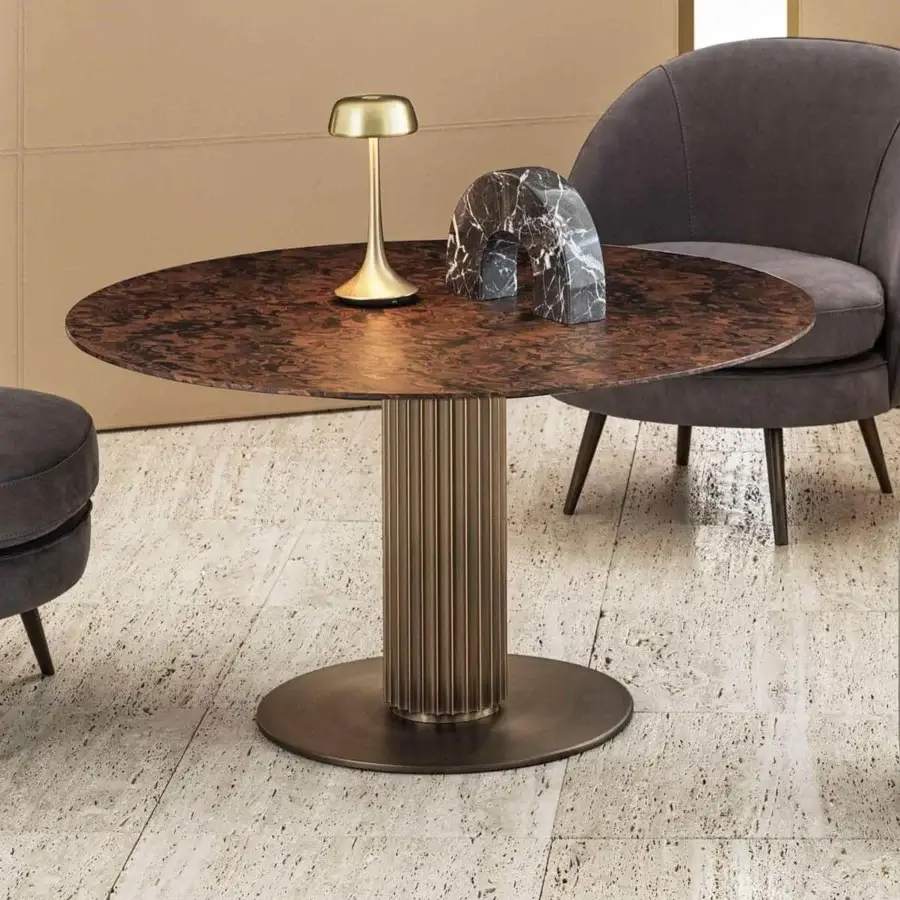 Distinguished Rugiano Liberty Bistrot table with painted top and bronze finished aluminum column base