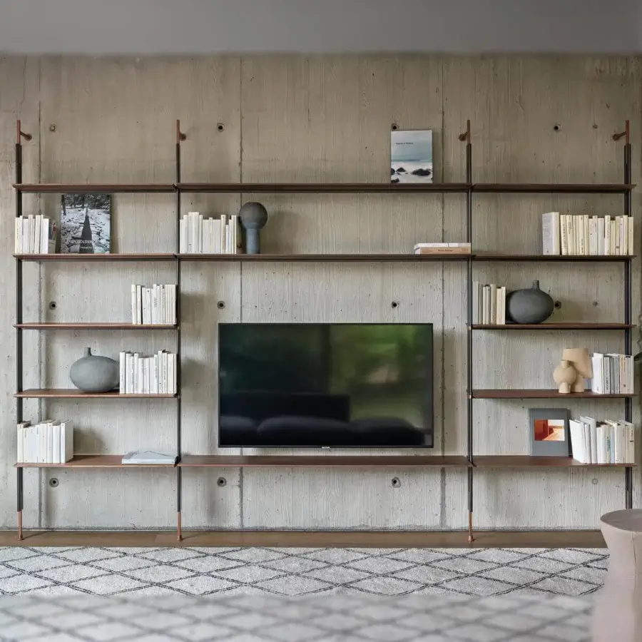 Exceptional Bonaldo Roll TV stand crafted in medium-brown wood with lead-finish metal supports and a box module