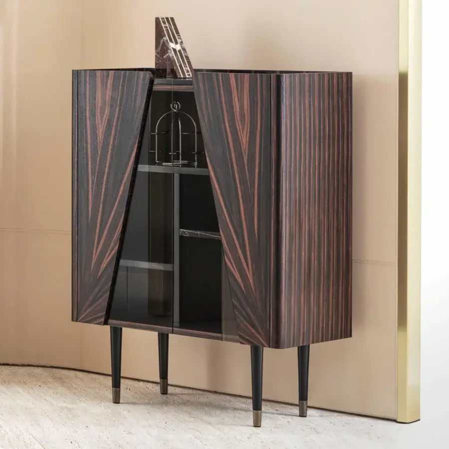 Exceptional Rugiano Frak cupboard with ebony structure and refined marble top crafted in glass and brass